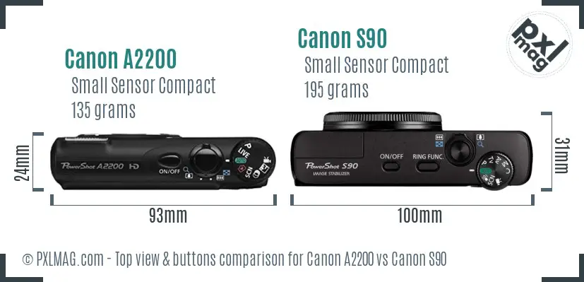 Canon A2200 vs Canon S90 top view buttons comparison