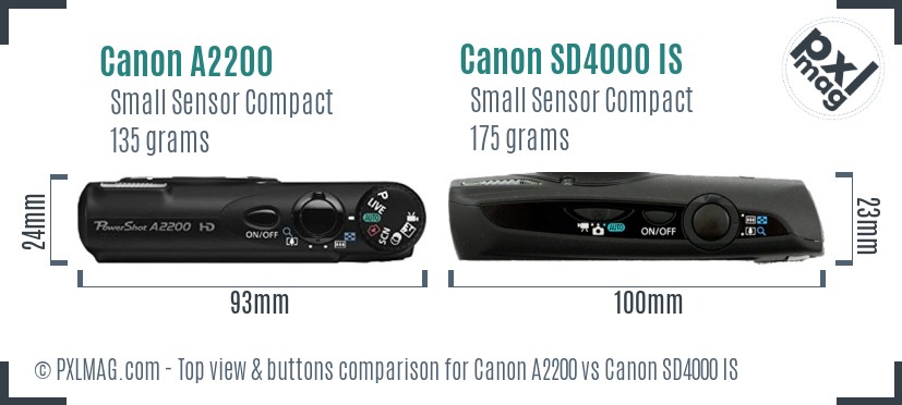 Canon A2200 vs Canon SD4000 IS top view buttons comparison