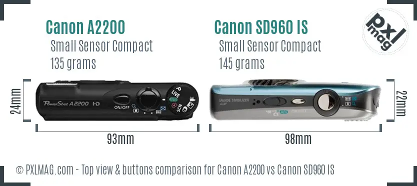 Canon A2200 vs Canon SD960 IS top view buttons comparison