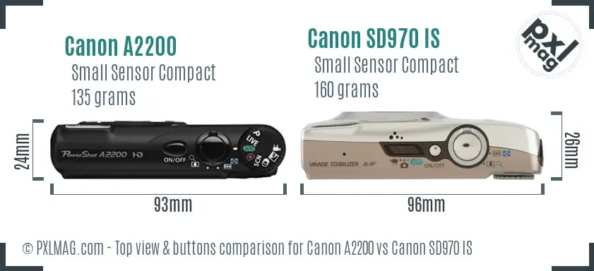 Canon A2200 vs Canon SD970 IS top view buttons comparison