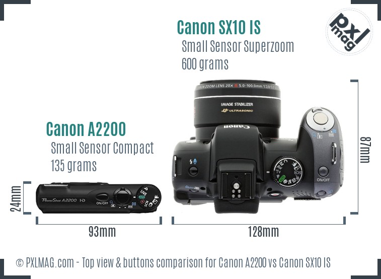 Canon A2200 vs Canon SX10 IS top view buttons comparison