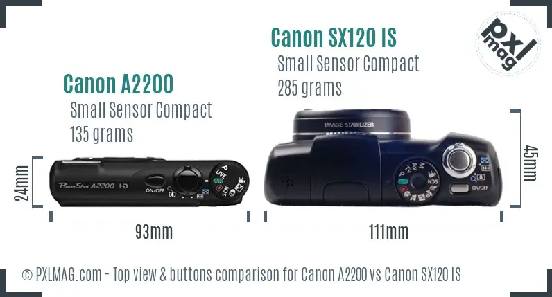 Canon A2200 vs Canon SX120 IS top view buttons comparison