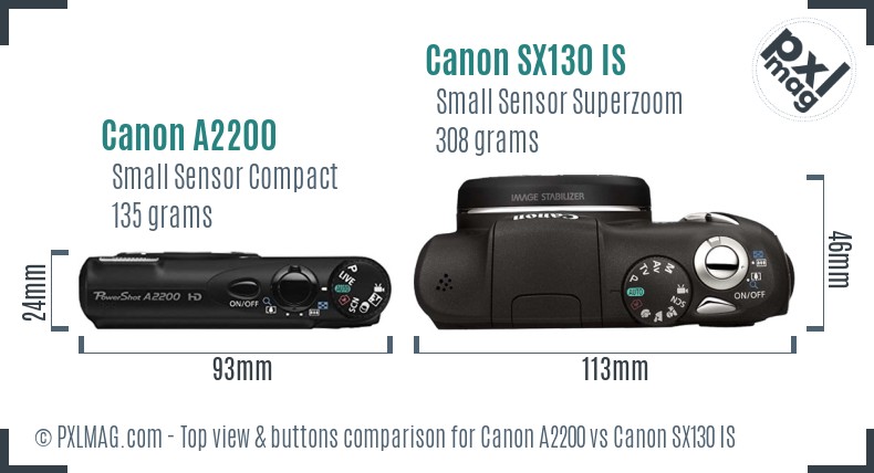 Canon A2200 vs Canon SX130 IS top view buttons comparison