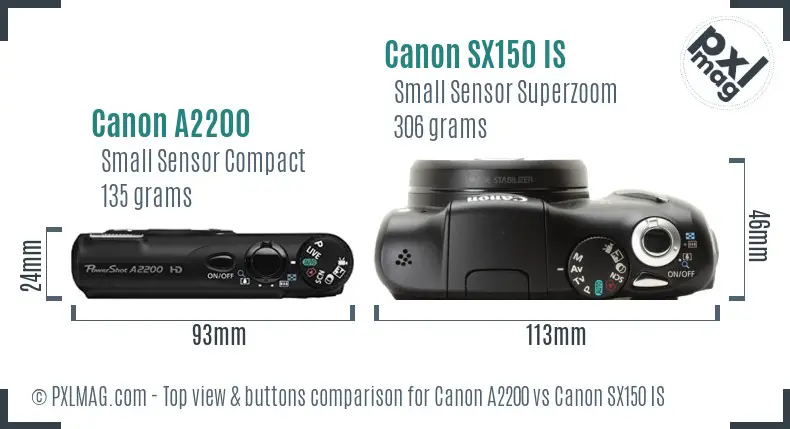 Canon A2200 vs Canon SX150 IS top view buttons comparison Canon A2200 vs Canon SX150 IS top view buttons comparison
