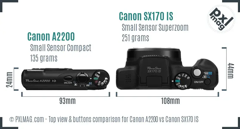 Canon A2200 vs Canon SX170 IS top view buttons comparison
