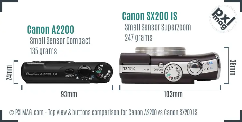 Canon A2200 vs Canon SX200 IS top view buttons comparison