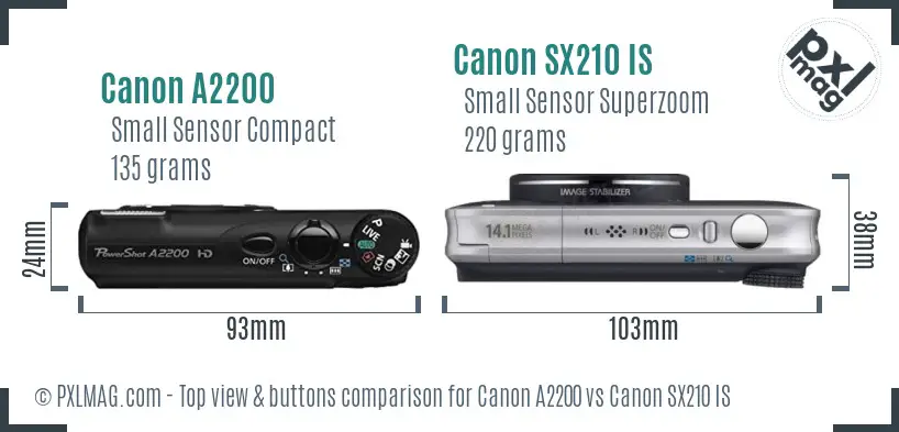 Canon A2200 vs Canon SX210 IS top view buttons comparison