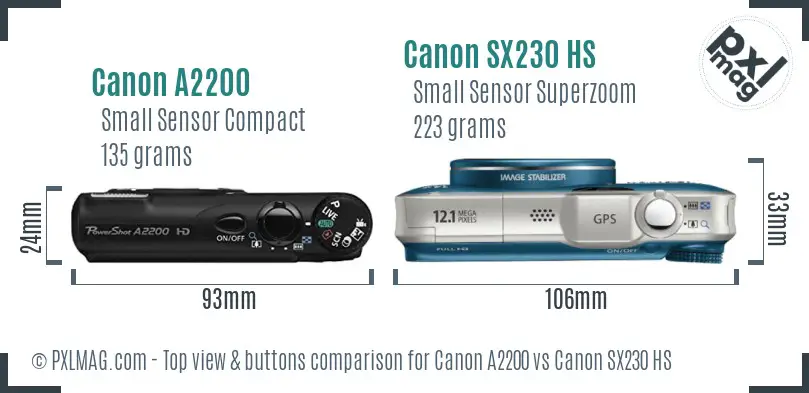 Canon A2200 vs Canon SX230 HS top view buttons comparison