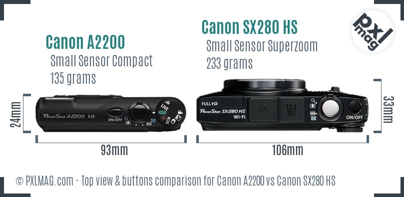 Canon A2200 vs Canon SX280 HS top view buttons comparison