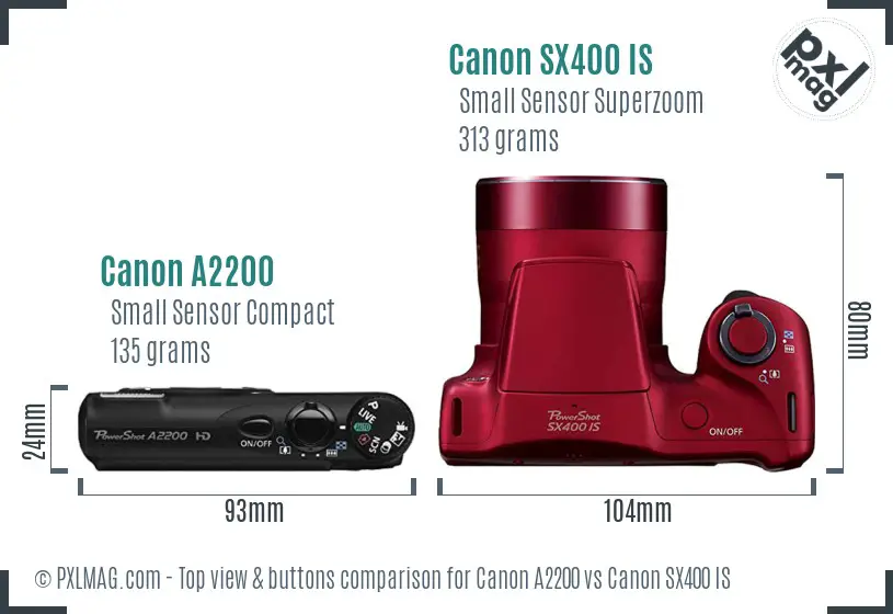 Canon A2200 vs Canon SX400 IS top view buttons comparison Canon A2200 vs Canon SX400 IS top view buttons comparison