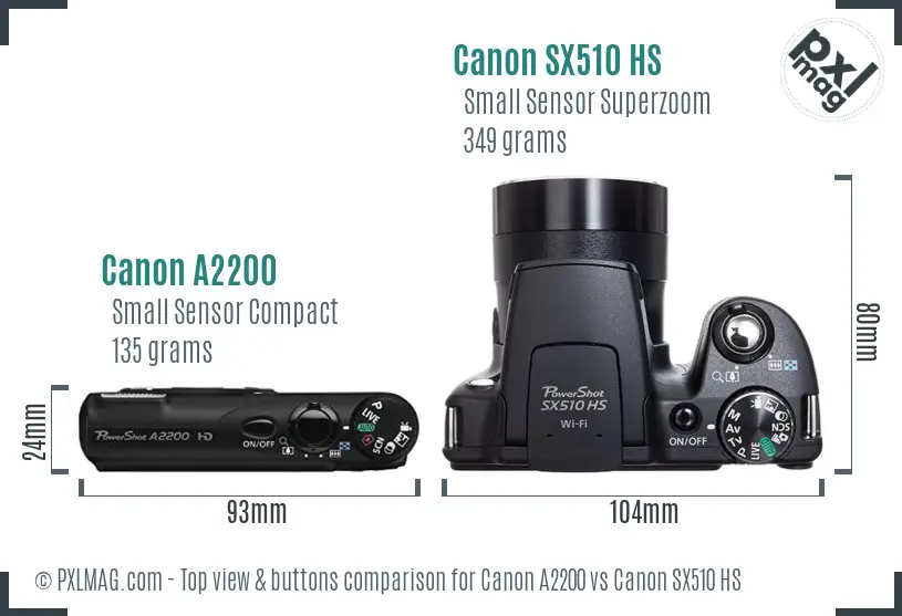 Canon A2200 vs Canon SX510 HS top view buttons comparison Canon A2200 vs Canon SX510 HS top view buttons comparison