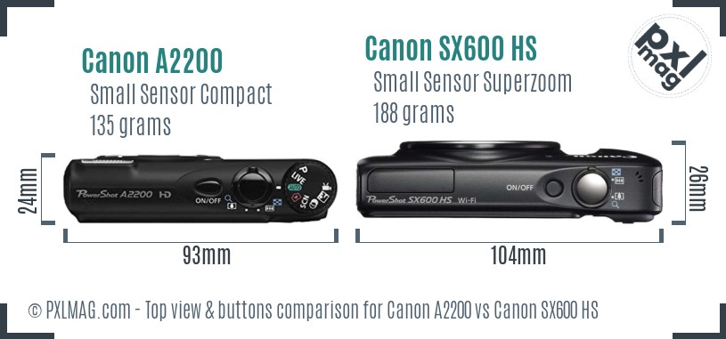 Canon A2200 vs Canon SX600 HS top view buttons comparison