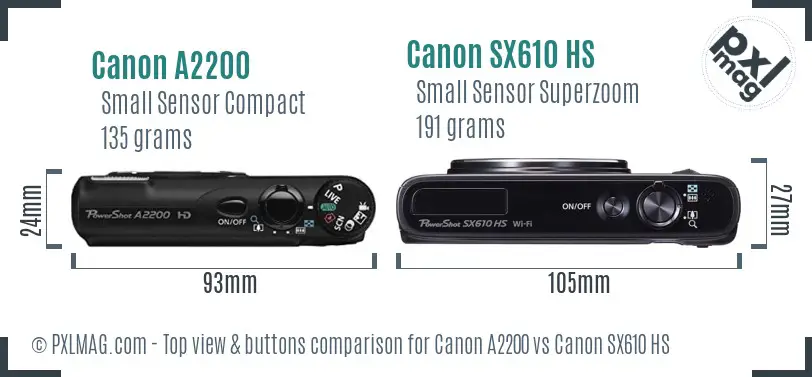 Canon A2200 vs Canon SX610 HS top view buttons comparison