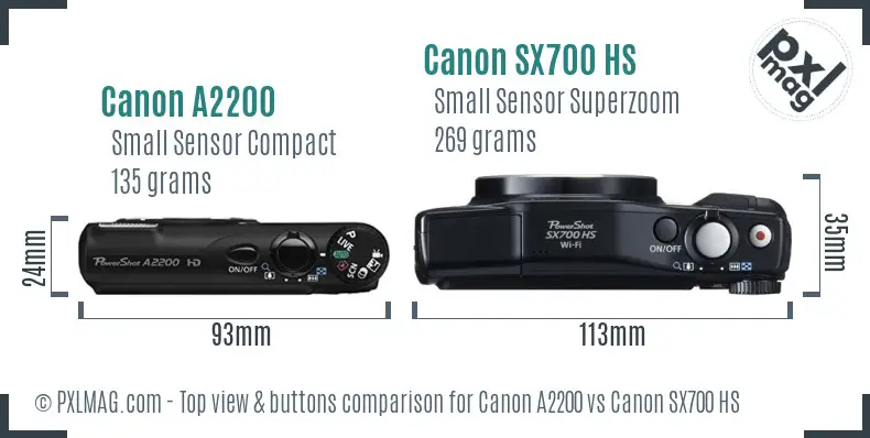 Canon A2200 vs Canon SX700 HS top view buttons comparison
