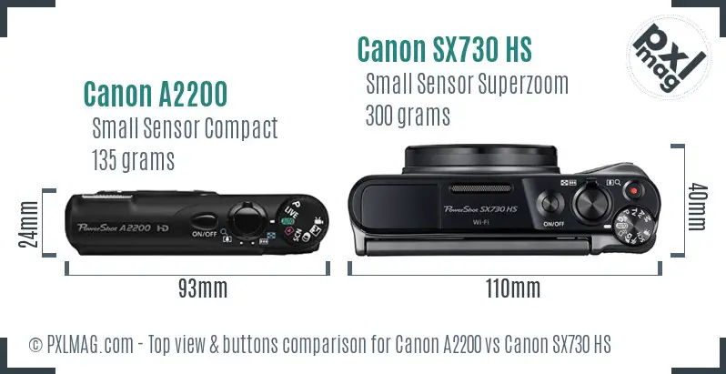Canon A2200 vs Canon SX730 HS top view buttons comparison