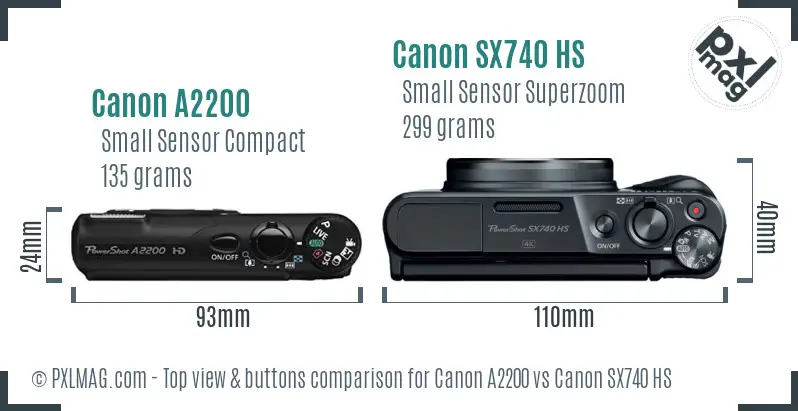 Canon A2200 vs Canon SX740 HS top view buttons comparison
