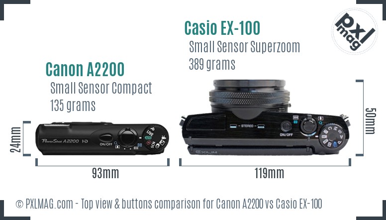 Canon A2200 vs Casio EX-100 top view buttons comparison