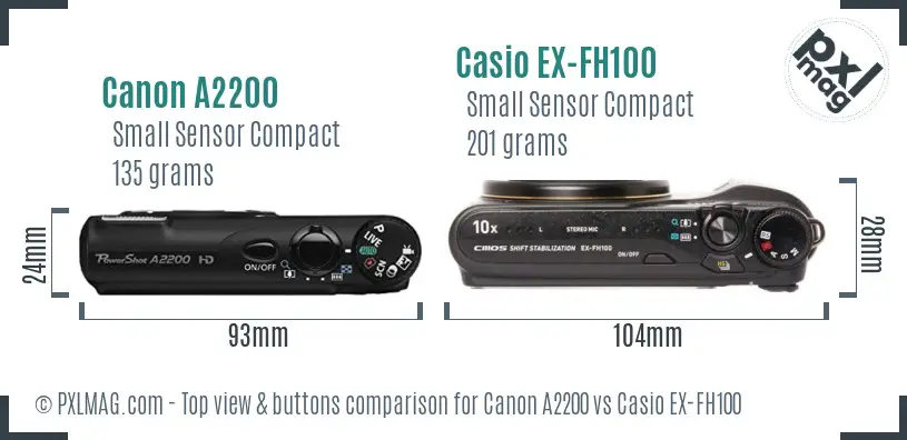Canon A2200 vs Casio EX-FH100 top view buttons comparison