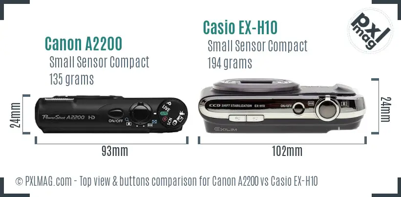 Canon A2200 vs Casio EX-H10 top view buttons comparison
