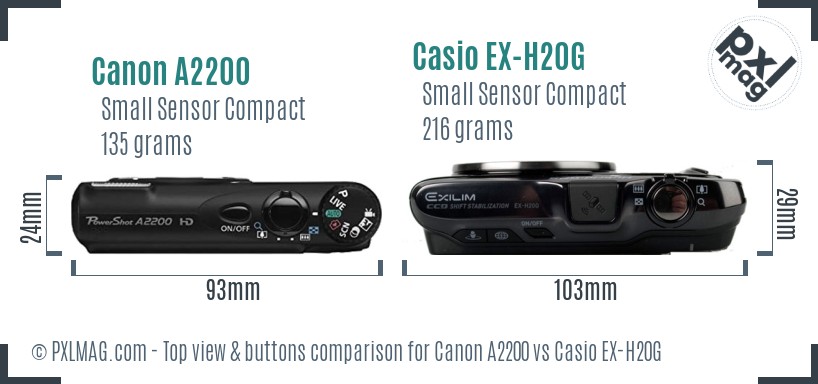 Canon A2200 vs Casio EX-H20G top view buttons comparison