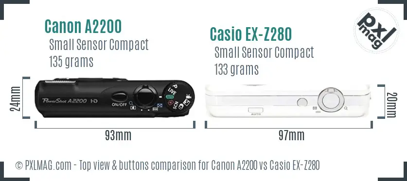 Canon A2200 vs Casio EX-Z280 top view buttons comparison Canon A2200 vs Casio EX-Z280 top view buttons comparison