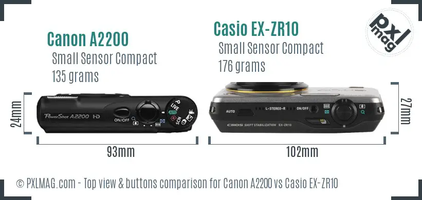 Canon A2200 vs Casio EX-ZR10 top view buttons comparison