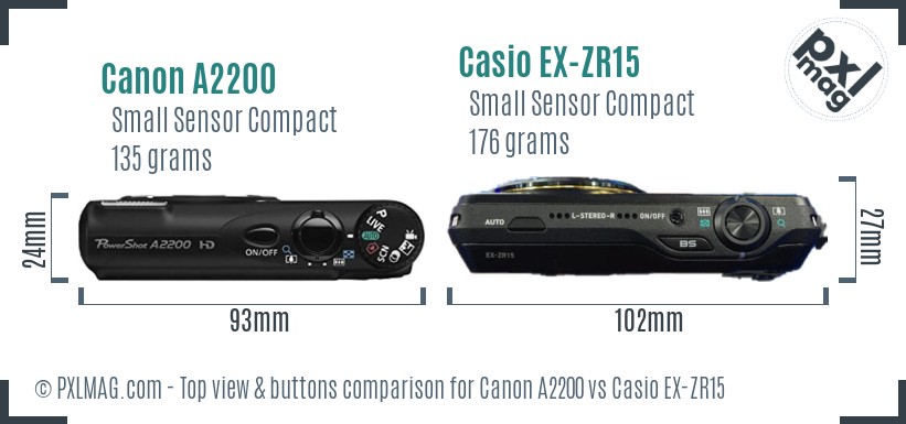 Canon A2200 vs Casio EX-ZR15 top view buttons comparison