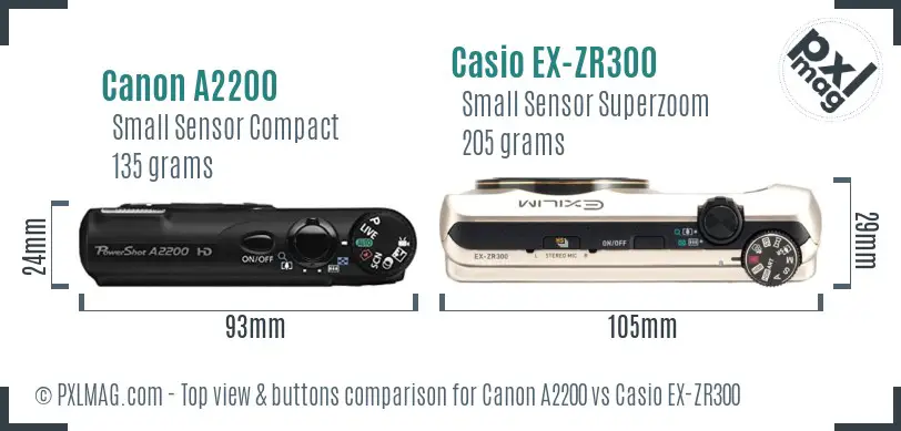 Canon A2200 vs Casio EX-ZR300 top view buttons comparison