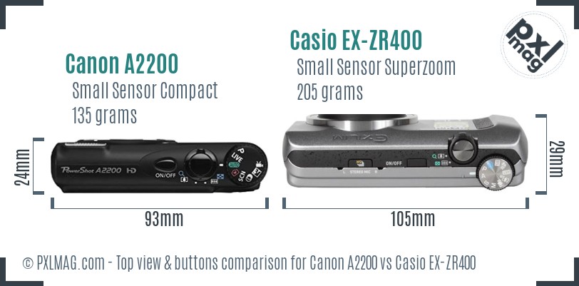 Canon A2200 vs Casio EX-ZR400 top view buttons comparison