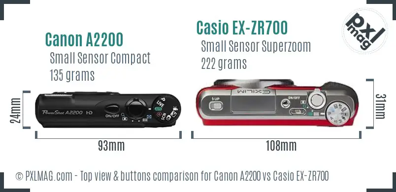 Canon A2200 vs Casio EX-ZR700 top view buttons comparison