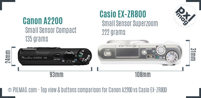 Canon A2200 vs Casio EX-ZR800 top view buttons comparison