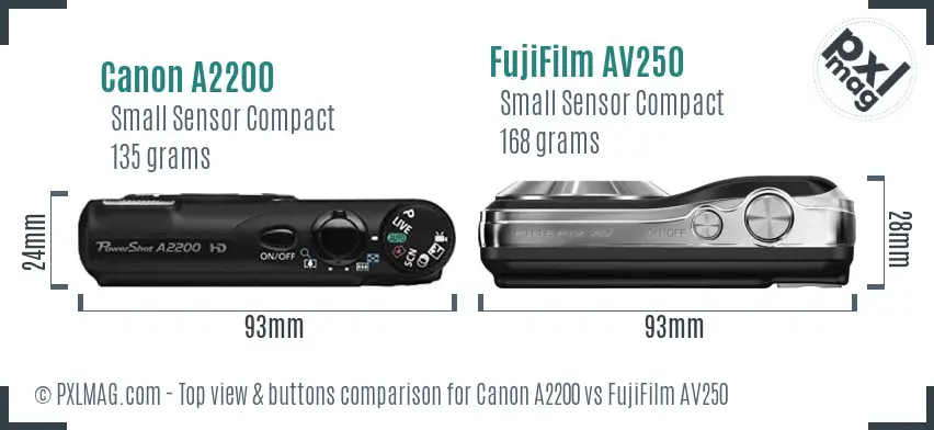 Canon A2200 vs FujiFilm AV250 top view buttons comparison