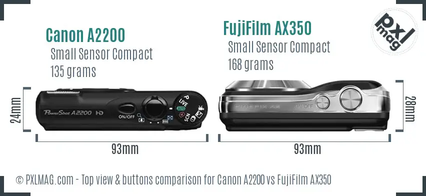 Canon A2200 vs FujiFilm AX350 top view buttons comparison