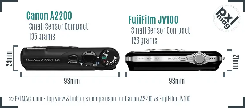 Canon A2200 vs FujiFilm JV100 top view buttons comparison