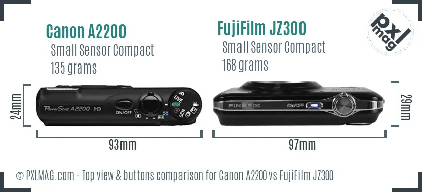 Canon A2200 vs FujiFilm JZ300 top view buttons comparison