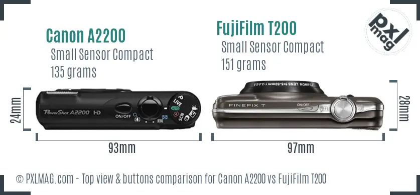 Canon A2200 vs FujiFilm T200 top view buttons comparison