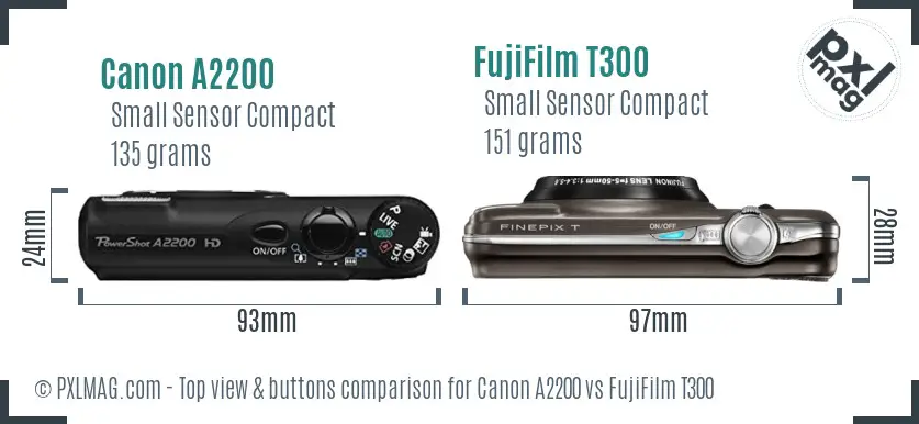 Canon A2200 vs FujiFilm T300 top view buttons comparison