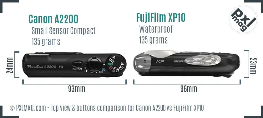 Canon A2200 vs FujiFilm XP10 top view buttons comparison