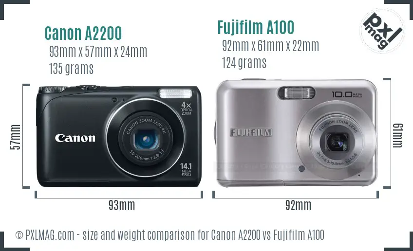 Canon A2200 vs Fujifilm A100 size comparison