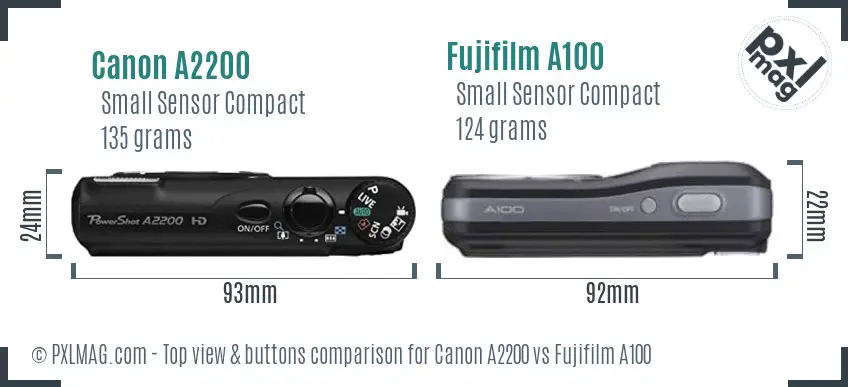 Canon A2200 vs Fujifilm A100 top view buttons comparison