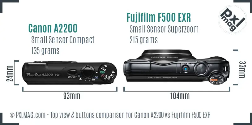 Canon A2200 vs Fujifilm F500 EXR top view buttons comparison