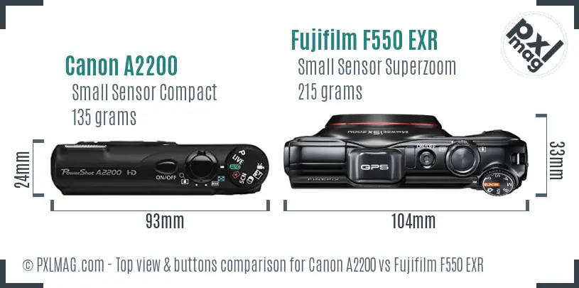 Canon A2200 vs Fujifilm F550 EXR top view buttons comparison