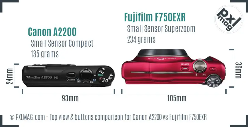 Canon A2200 vs Fujifilm F750EXR top view buttons comparison Canon A2200 vs Fujifilm F750EXR top view buttons comparison