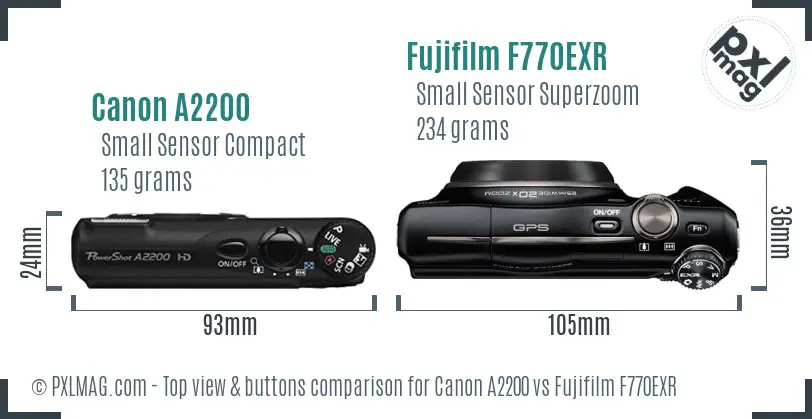 Canon A2200 vs Fujifilm F770EXR top view buttons comparison