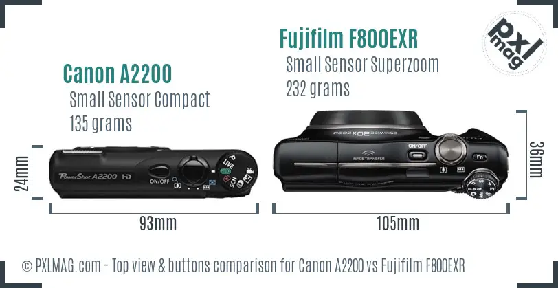 Canon A2200 vs Fujifilm F800EXR top view buttons comparison