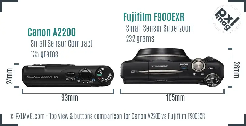 Canon A2200 vs Fujifilm F900EXR top view buttons comparison