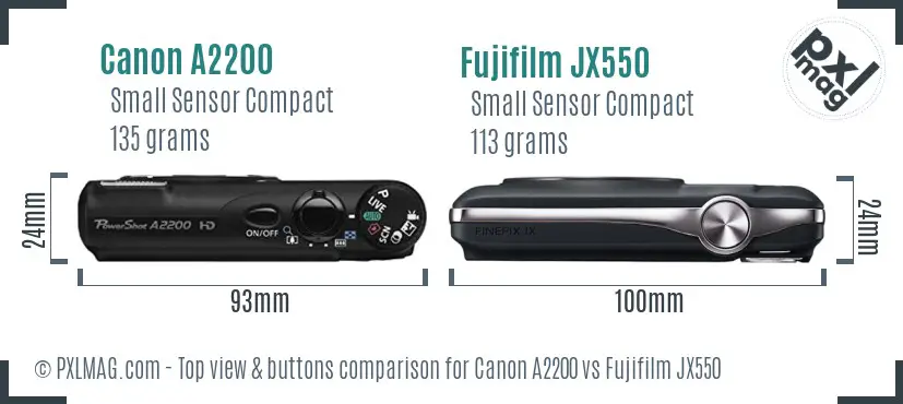 Canon A2200 vs Fujifilm JX550 top view buttons comparison