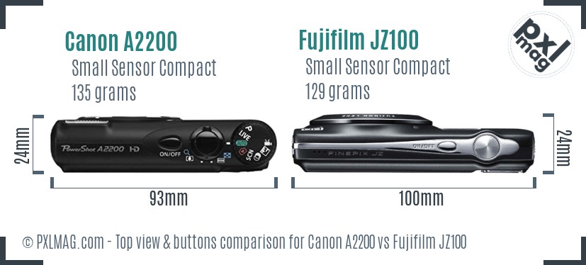 Canon A2200 vs Fujifilm JZ100 top view buttons comparison