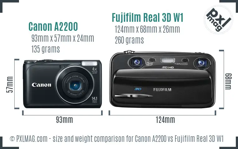 Canon A2200 vs Fujifilm Real 3D W1 size comparison