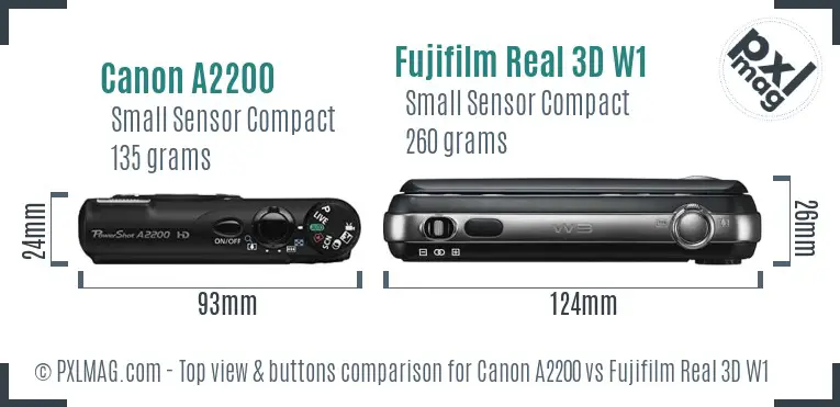 Canon A2200 vs Fujifilm Real 3D W1 top view buttons comparison